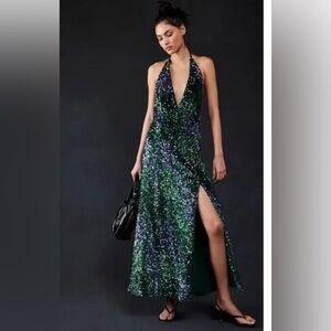 NWOT Free People Glitter & Gold Sequin Midi Dress green